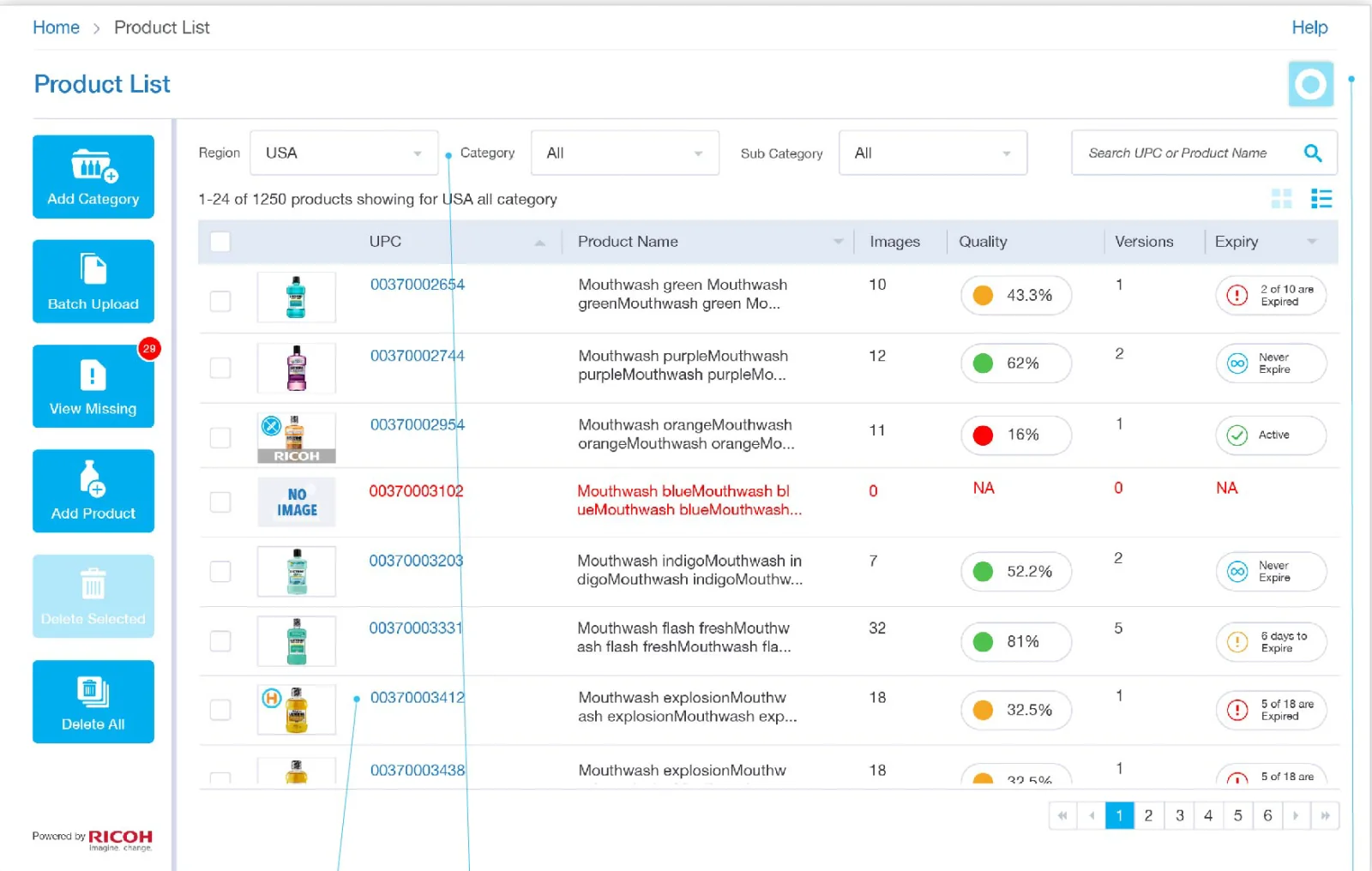 Product list with image count, quality score, versions and expiry, plus search by region and category