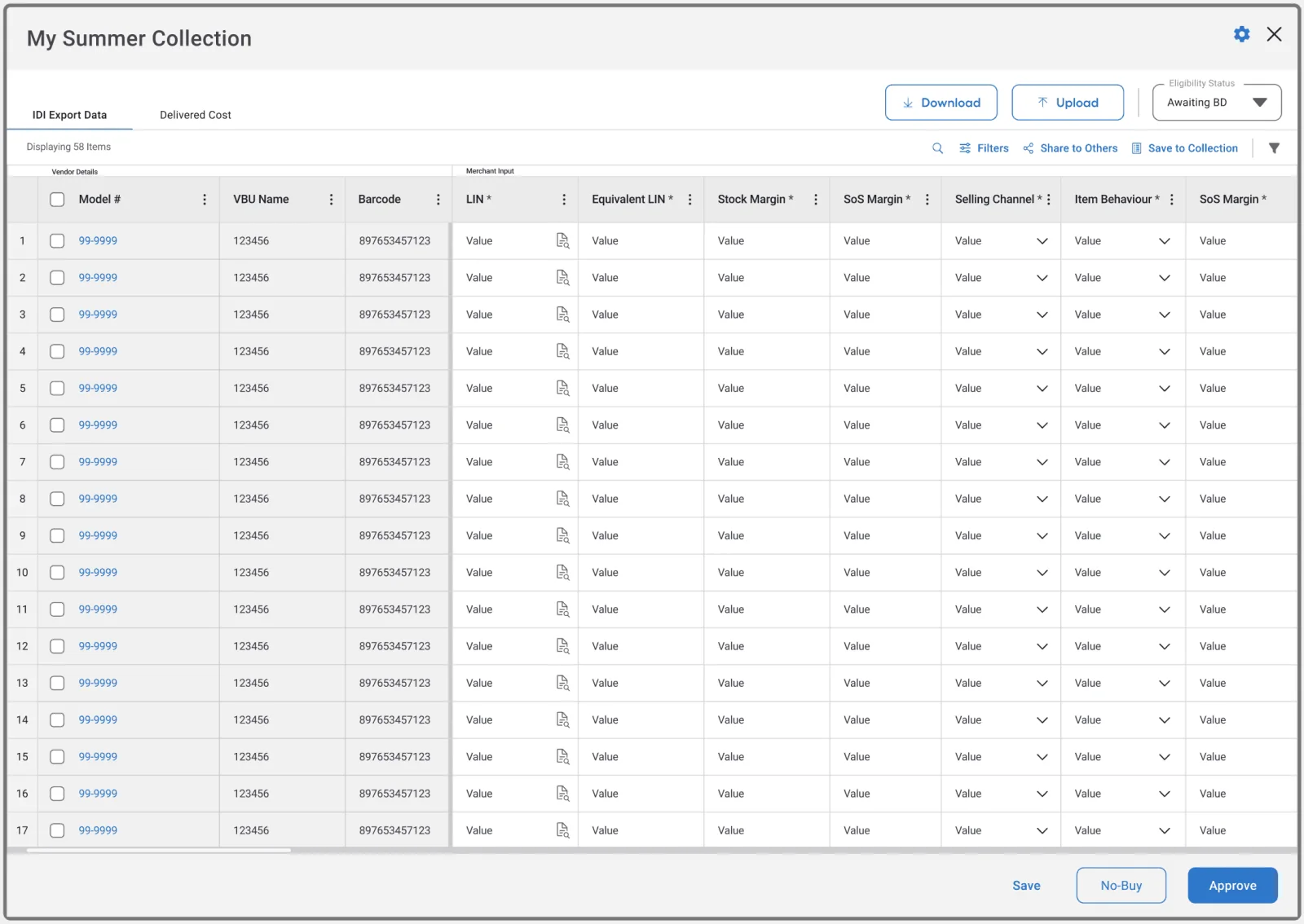 Bulk table view to fill buying information and approve many items