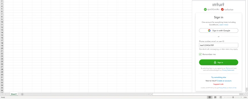 Excel with the Intuit sign in panel