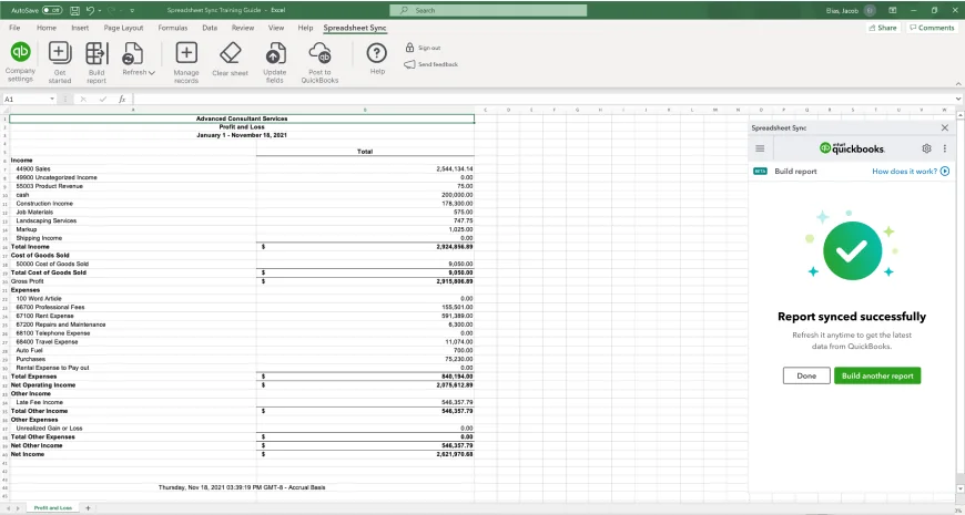 Profit and loss report in Excel with a report synced successfully message