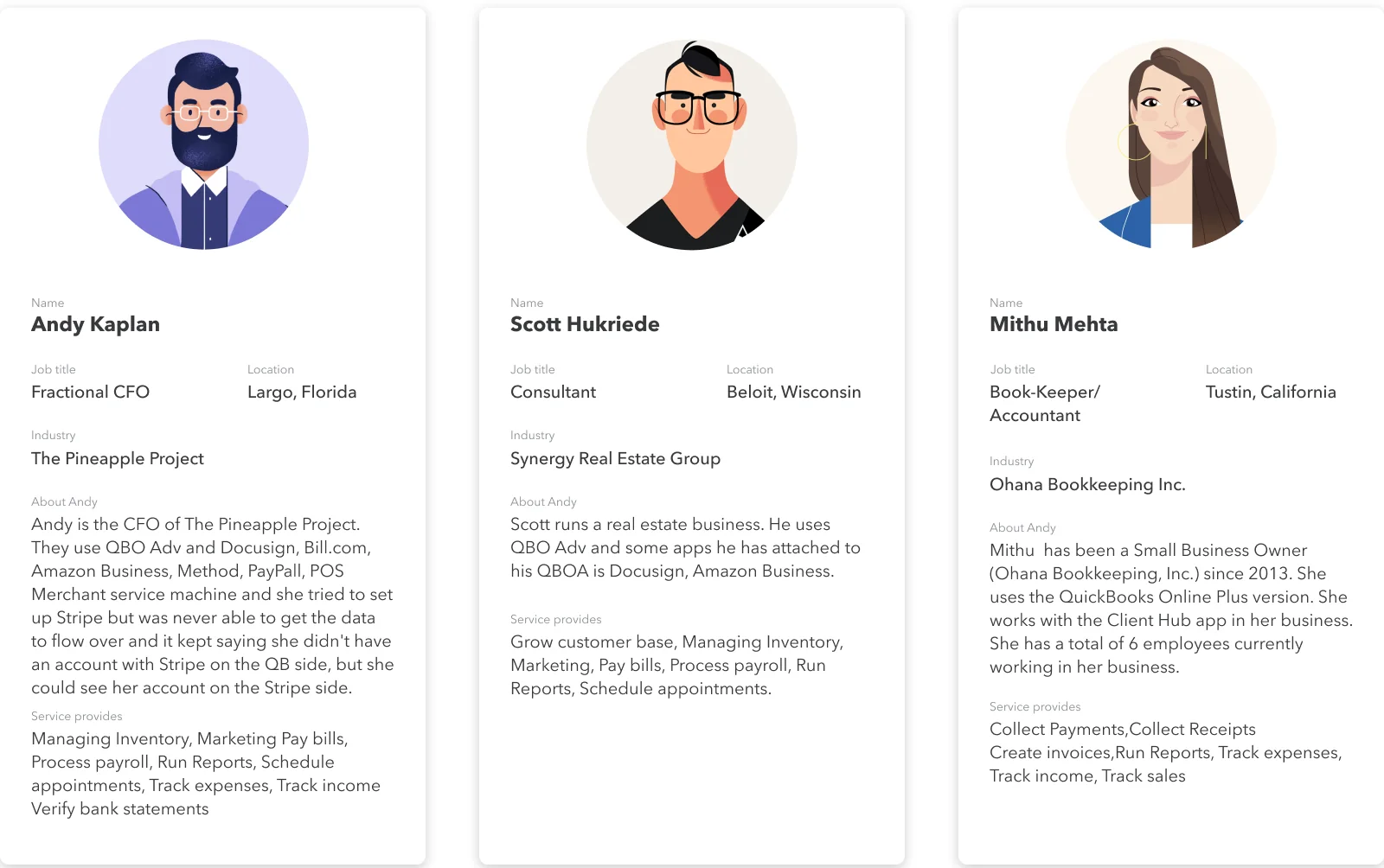 Three personas: Andy Kaplan, fractional CFO; Scott Hukriede, consultant; Mithu Mehta, bookkeeper and accountant