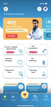 Fettello: home screen with an offer banner and six health services