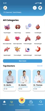 Fettello: specialities shown as 3D organ icons, and top doctors