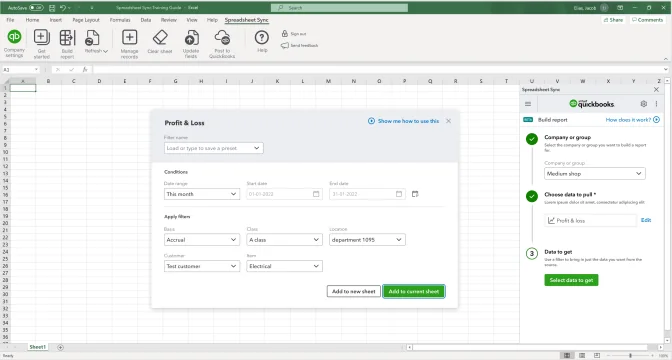 Spreadsheet Sync: Excel with the profit and loss filter dialog and the add-in panel
