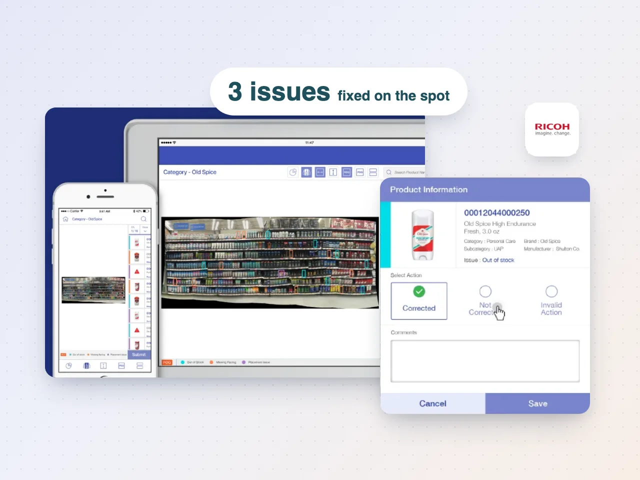 Corrective Action Library: the shelf photo with flagged issues on tablet and phone, and the product information card where an agent marks an issue corrected