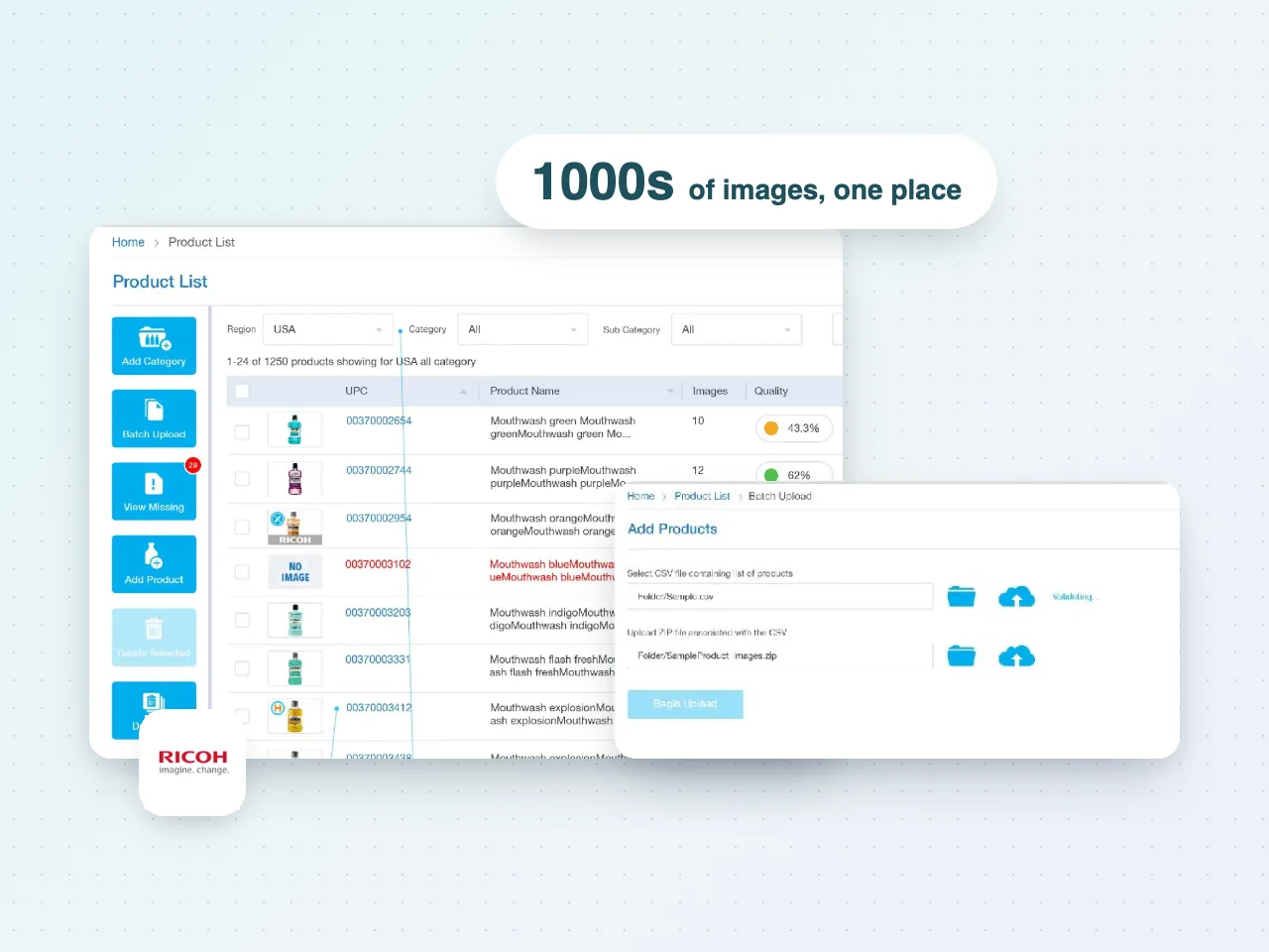 Manage Product: the product list with image count and quality score, and the batch upload screen for adding products from a CSV and ZIP