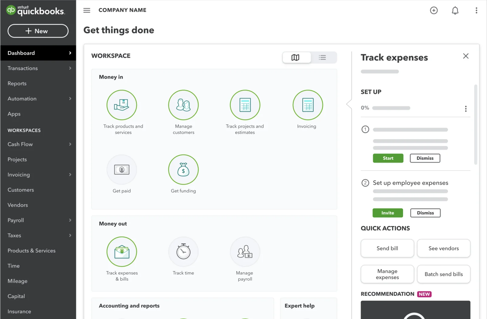 QuickBooks Online India workspace with money in, money out, quick actions and a setup checklist